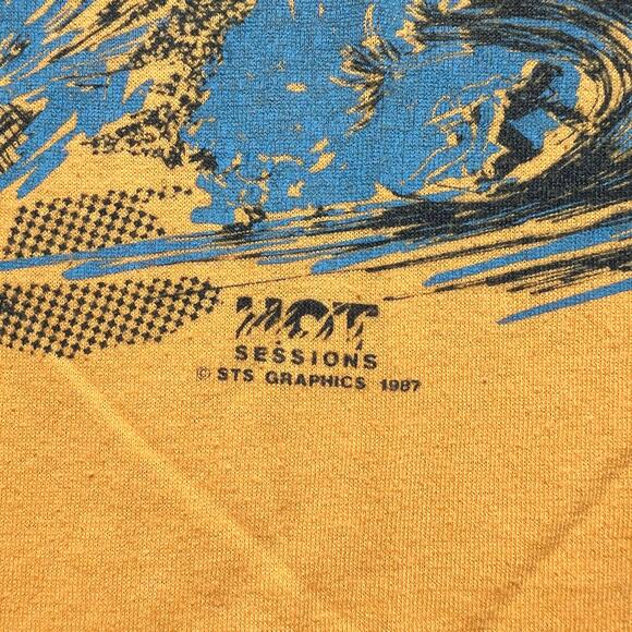 Vintage 80s Hot Sessions Surfing AOP T Shirt Yellow Blue Single Stitch Baby Tee - Picture 3 of 11